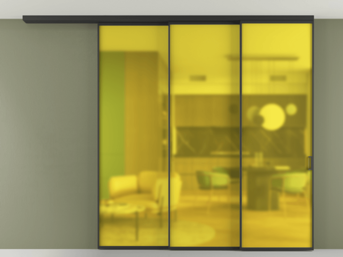 Перегородка Formato вдоль стены на потолок 3 створки с синхронным механизмом АЛПР 040.01 Алюминий Черный Сатинированное жёлтое стекло, триплекс Цена 363632 ₽ | Volhovec