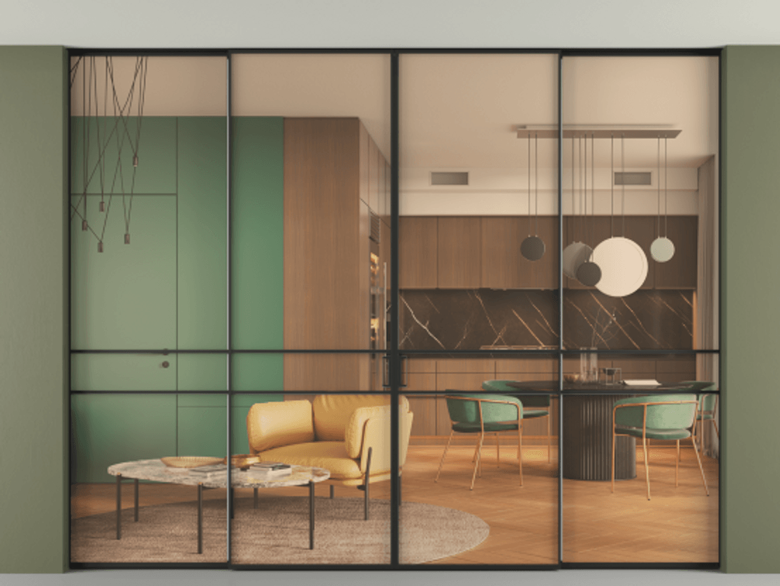 Перегородка Formato внутри проёма скрытое крепление в потолок 4 створки АЛПР 040.02 Алюминий Черный Прозрачное оранжевое стекло, триплекс Цена 444380 ₽ | Volhovec