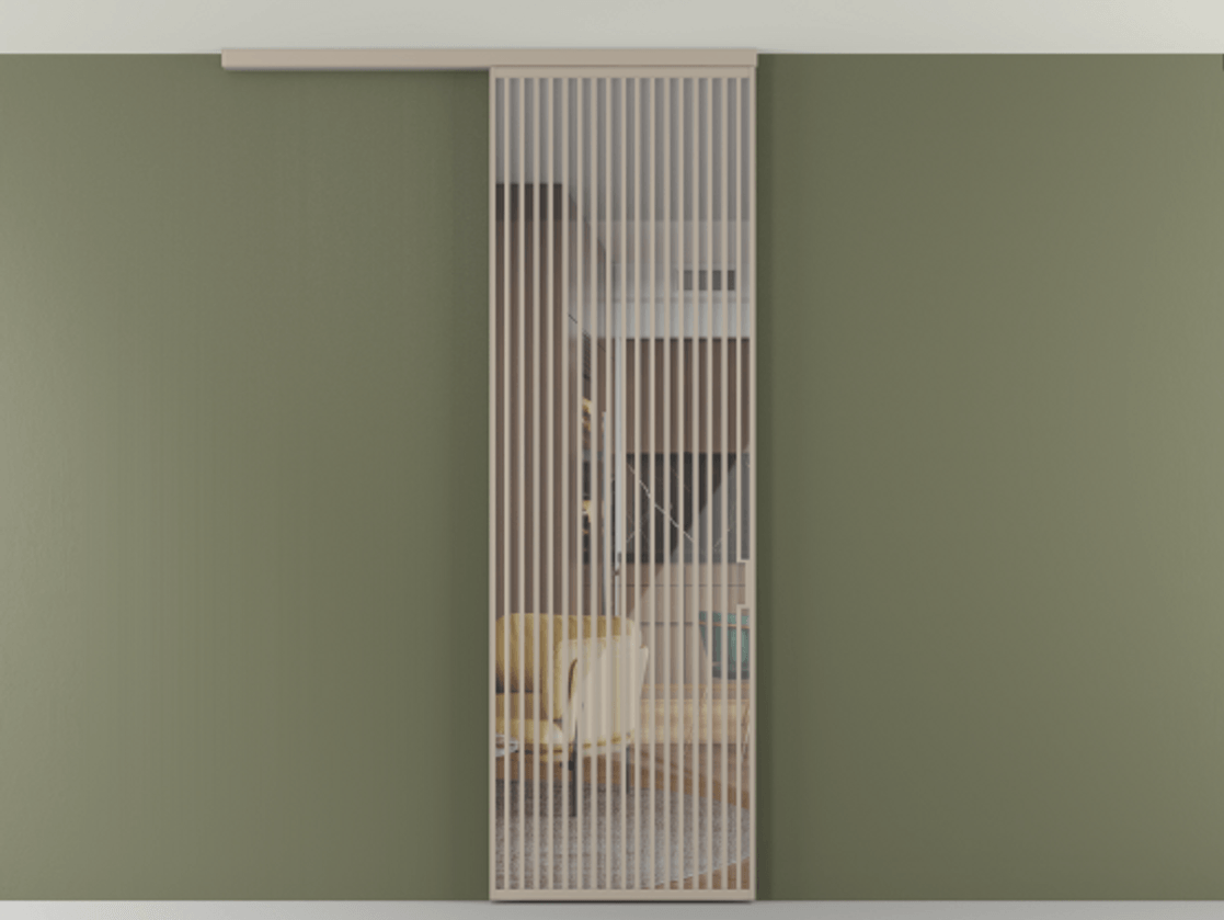 Перегородка Формато вдоль стены на потолок 1 створка АЛПР 040.06 Алюминий бисквитный Рефлективное прозрачное стекло "Стопсол", калёное Цена 193628 ₽ | Volhovec