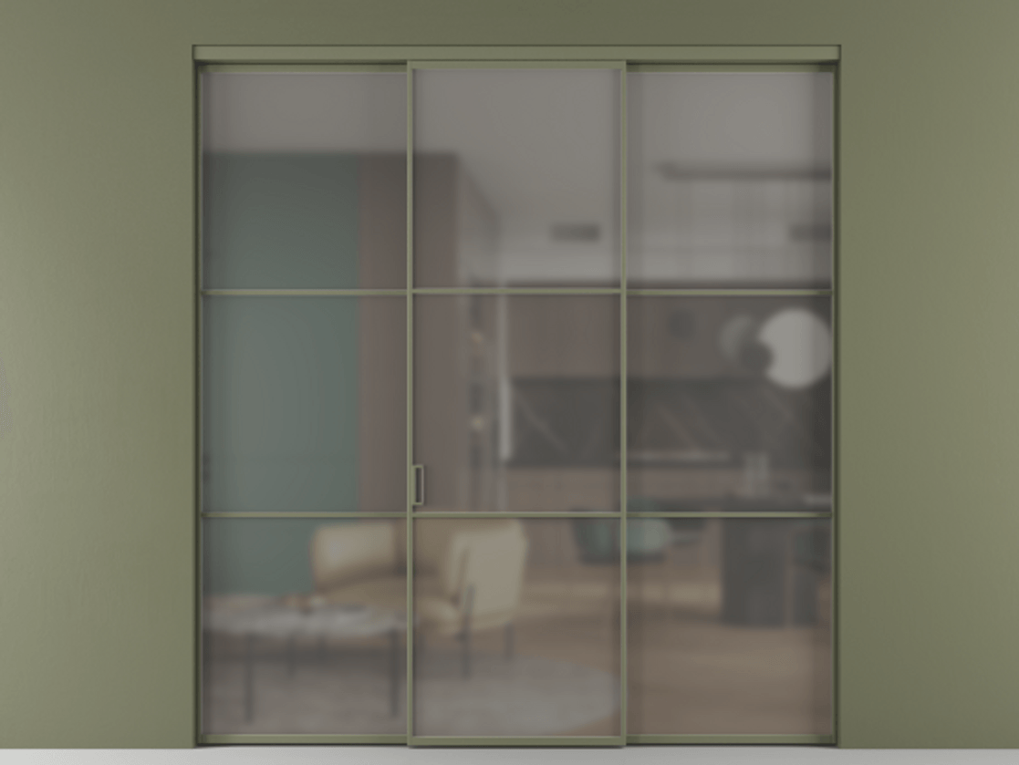 Перегородка Formato внутри проёма 3 створки АЛПР 040.03 Алюминий оливковый тёмный Сатинированное серое стекло, триплекс Цена 237275 ₽ | Volhovec
