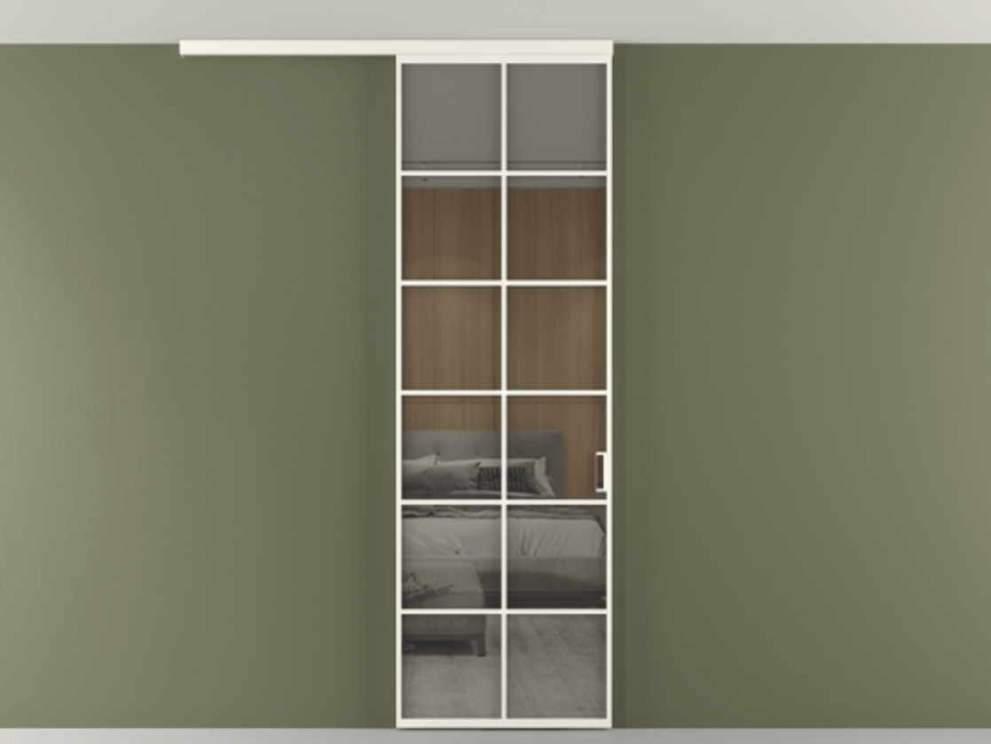 Перегородка Формато вдоль стены на потолок 1 створка АЛПР 040.05 Алюминий пудровый белый Рефлективное серое стекло "Стопсол", калёное Цена 134090 ₽ | Volhovec