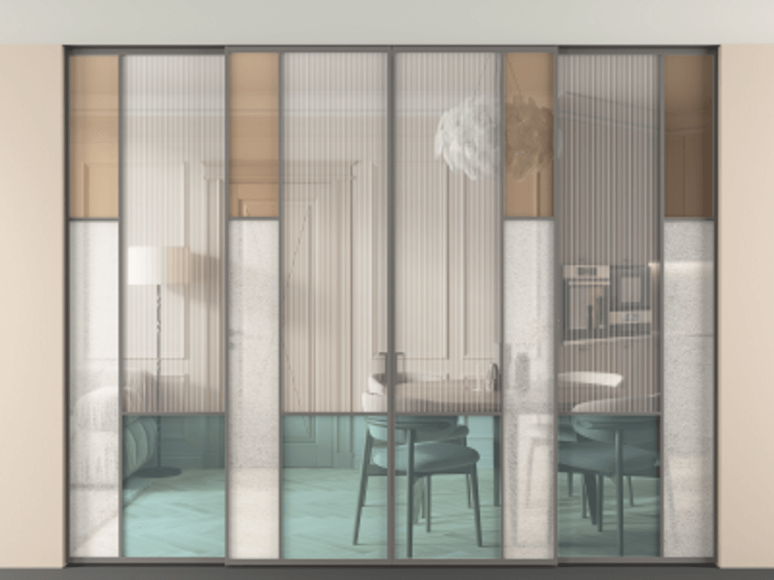 Перегородка Мозаик внутри проёма скрытое крепление в потолок 4 створки АЛПР 041.12 Алюминий классический серый Комбинация стекол Группы 1 и Группы 3 Цена 617260 ₽ | Volhovec