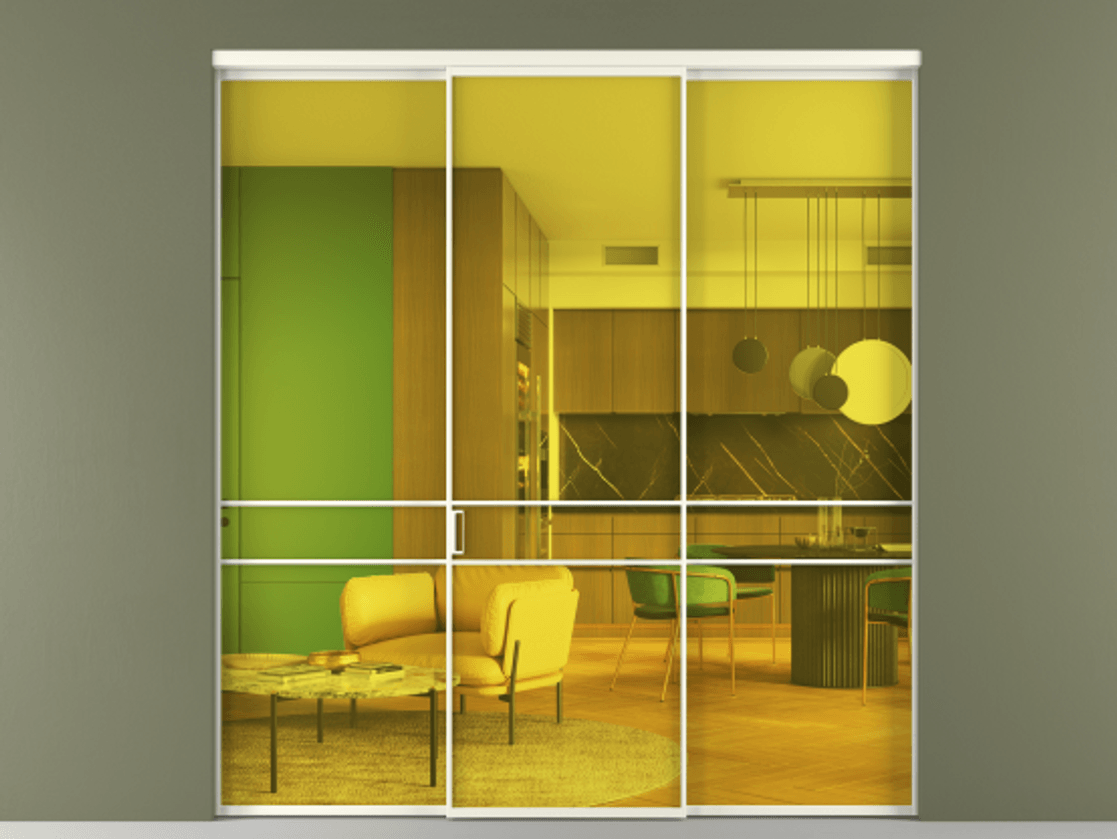 Перегородка Formato внутри проёма 3 створки АЛПР 040.02 Алюминий жемчужный Прозрачное жёлтое стекло, триплекс Цена 237275 ₽ | Volhovec