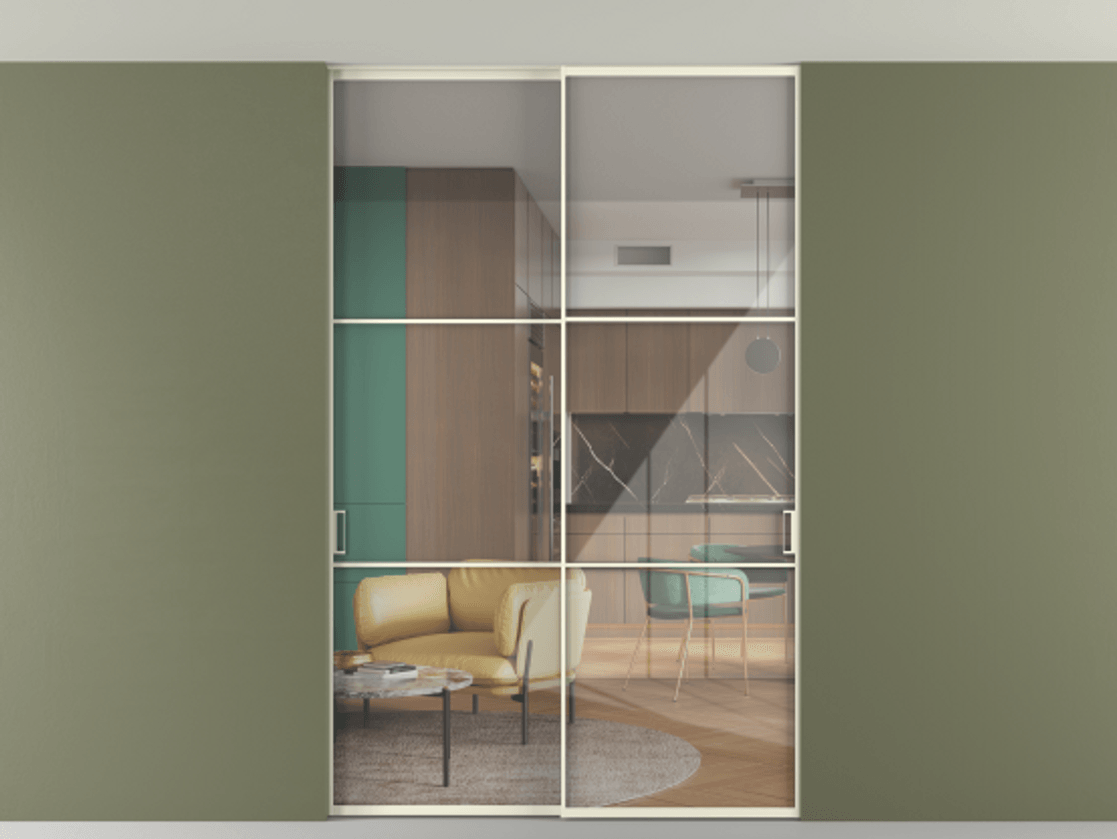 Перегородка Formato внутри проёма скрытое крепление в потолок 2 створки АЛПР 040.03 Алюминий молочно-белый Рефлективное прозрачное стекло "Stopsol", калёное Цена 305520 ₽ | Volhovec