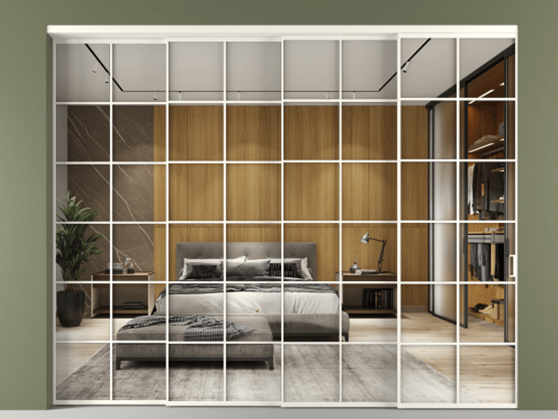 Перегородка Формато внутри проёма 4 створки с синхронным механизмом АЛПР 040.05 Алюминий пудровый белый Двустороннее зеркало, триплекс , триплекс 6 мм Цена 488680 ₽ | Volhovec