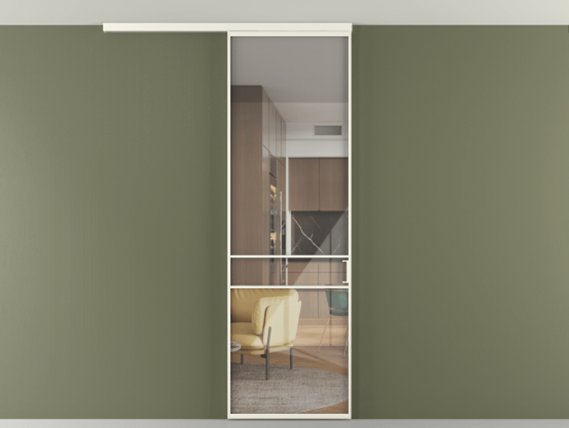 Перегородка Формато вдоль стены на потолок 1 створка АЛПР 040.02 Алюминий жемчужный Рефлективное прозрачное стекло "Стопсол", калёное Цена 107388 ₽ | Volhovec