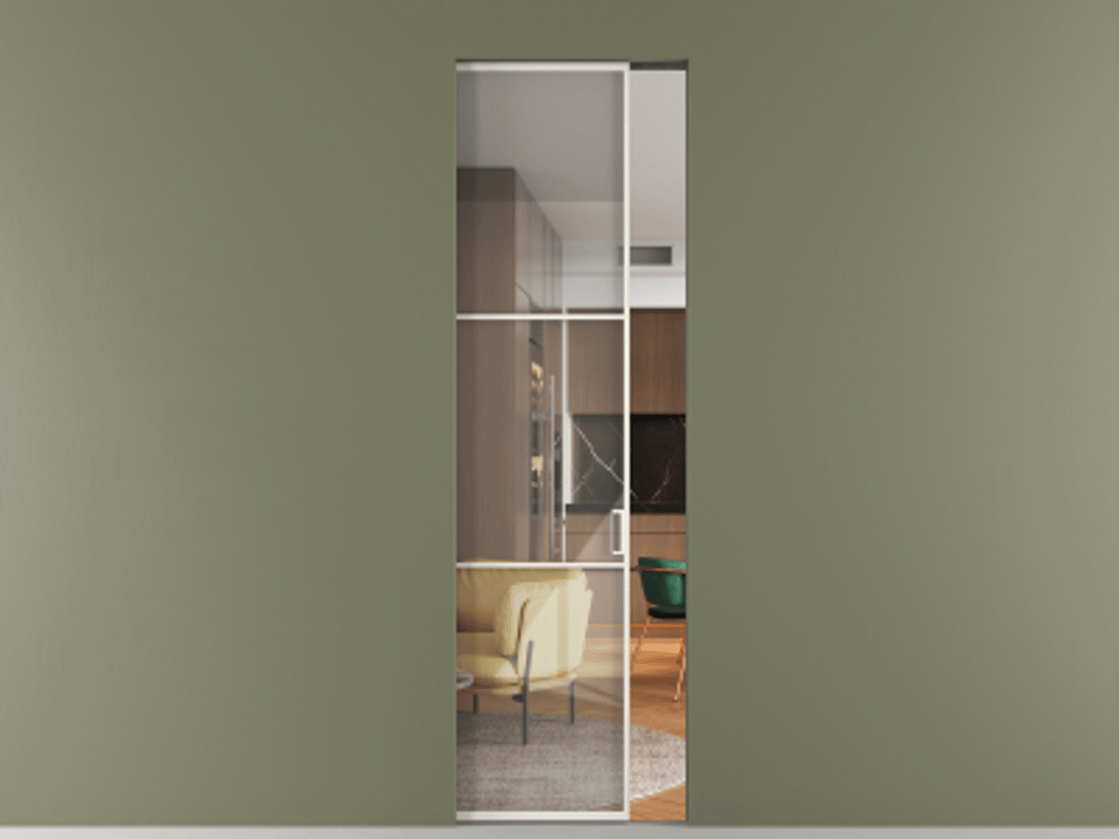 Перегородка Formato скрытый пенал 1 створка АЛПР 040.03 Алюминий пудровый белый Рефлективное прозрачное стекло "Stopsol", калёное Цена 178400 ₽ | Volhovec