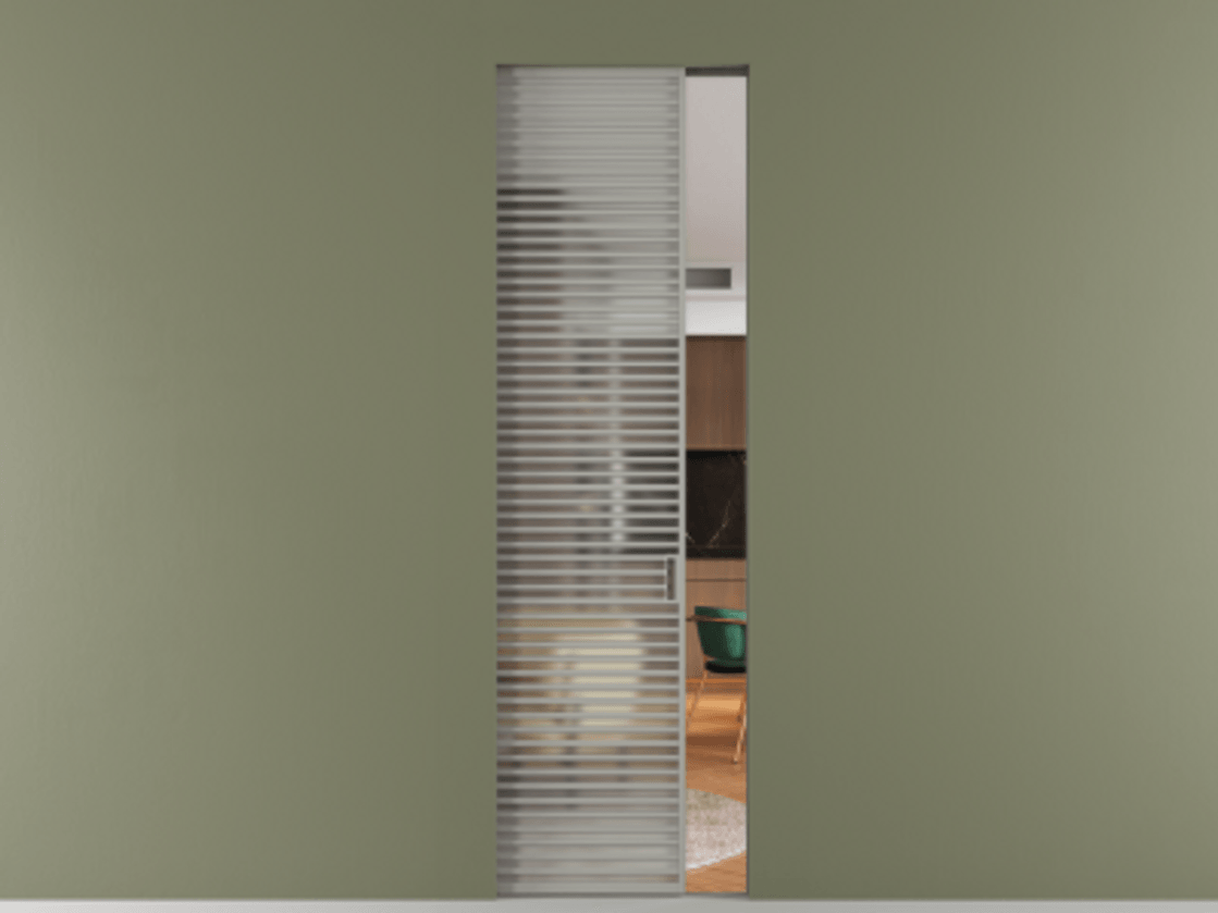 Перегородка Формато скрытый пенал 1 створка АЛПР 040.07 Алюминий нейтральный серый Сатинированное стекло "Мателюкс Кристал Вижн", калёное, матовое, каленое 6 мм Цена 240180 ₽ | Volhovec