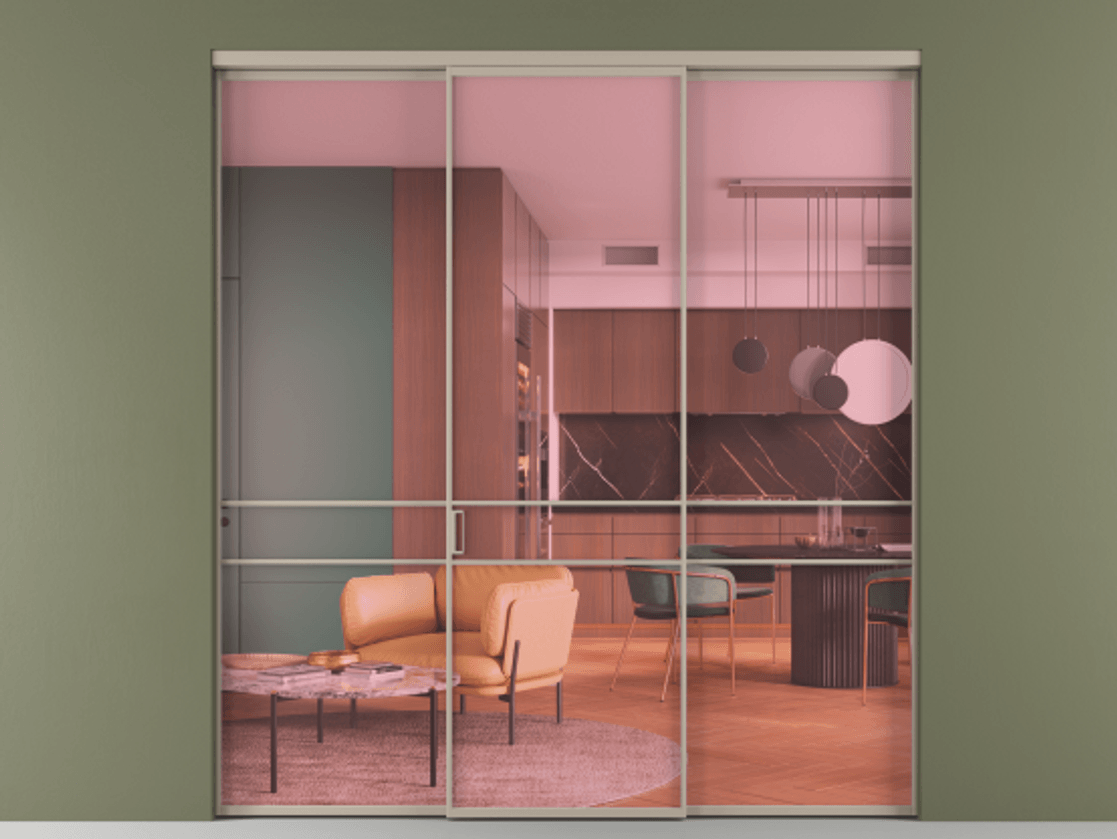 Перегородка Формато внутри проёма 3 створки АЛПР 040.02 Алюминий бисквитный Прозрачное розовое стекло, триплекс Цена 237275 ₽ | Volhovec