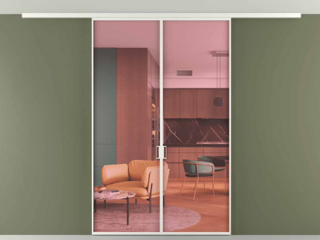 Перегородка Формато вдоль стены на потолок 2 створки АЛПР 040.01 Алюминий светло-серый Прозрачное розовое стекло, триплекс Цена 177705 ₽ | Volhovec