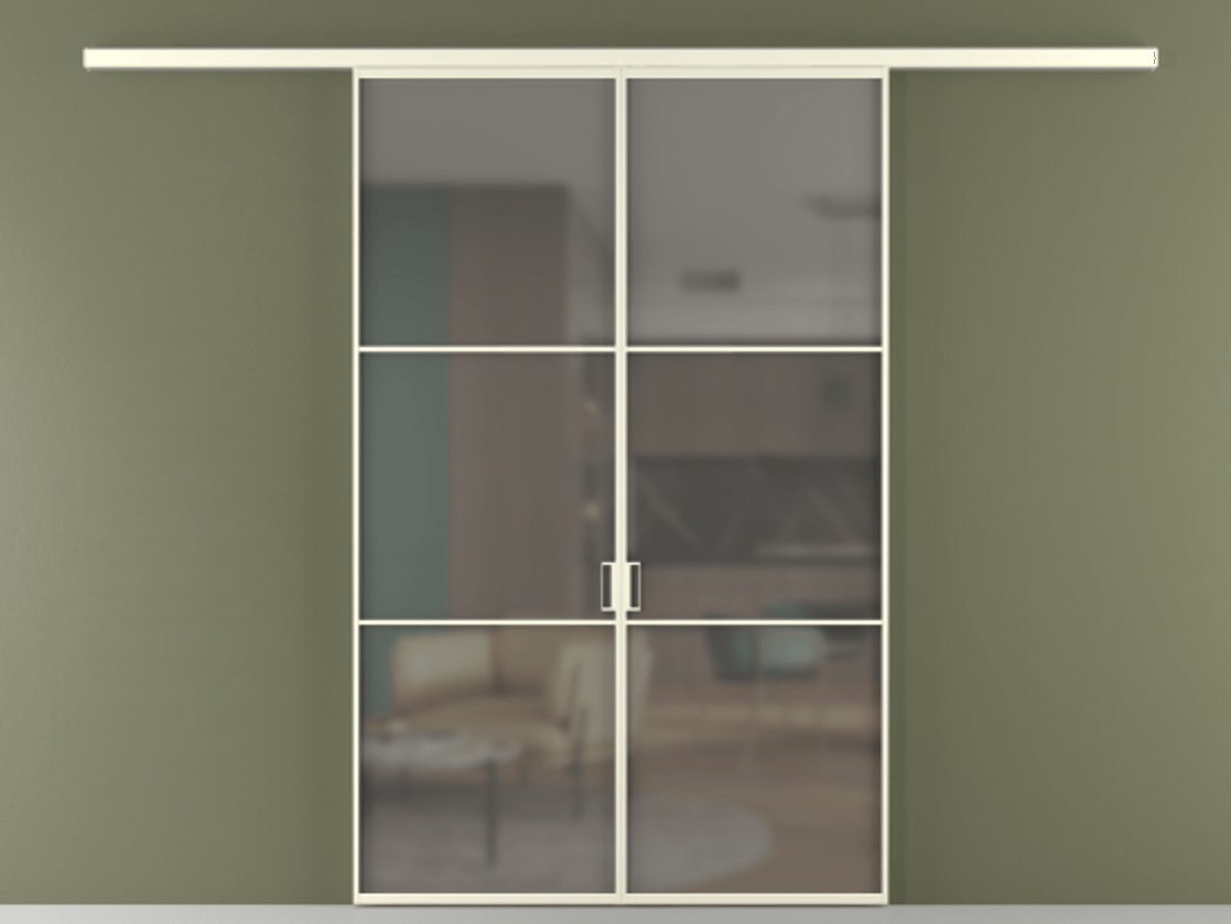 Перегородка Формато вдоль стены 2 створки АЛПР 040.03 Алюминий молочно-белый Сатинированное серое стекло, триплекс Цена 195450 ₽ | Volhovec