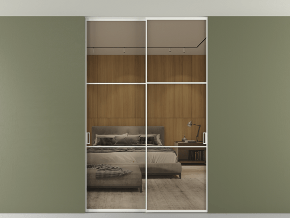 Перегородка Формато внутри проёма скрытое крепление в потолок 2 створки АЛПР 040.03 Алюминий светло-серый Рефлективное бронзовое стекло "Стопсол", калёное Цена 305520 ₽ | Volhovec