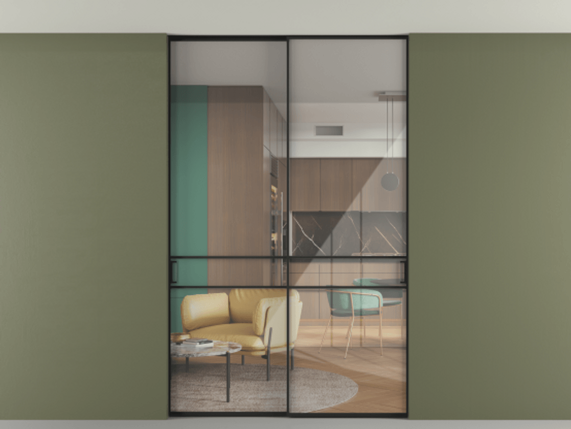 Перегородка Формато внутри проёма скрытое крепление в потолок 2 створки АЛПР 040.02 Алюминий Черный Рефлективное прозрачное стекло "Стопсол", калёное Цена 297600 ₽ | Volhovec