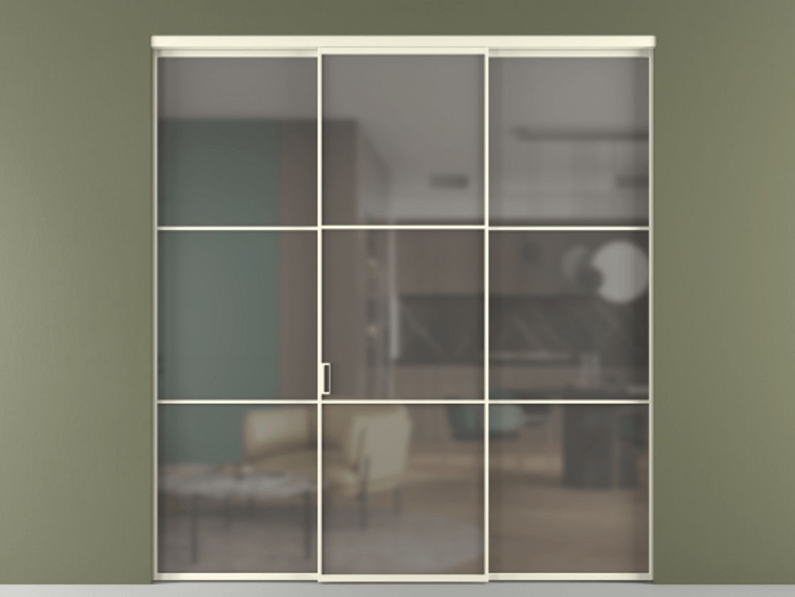 Перегородка Formato внутри проёма 3 створки АЛПР 040.03 Алюминий молочно-белый Сатинированное серое стекло, триплекс Цена 237275 ₽ | Volhovec