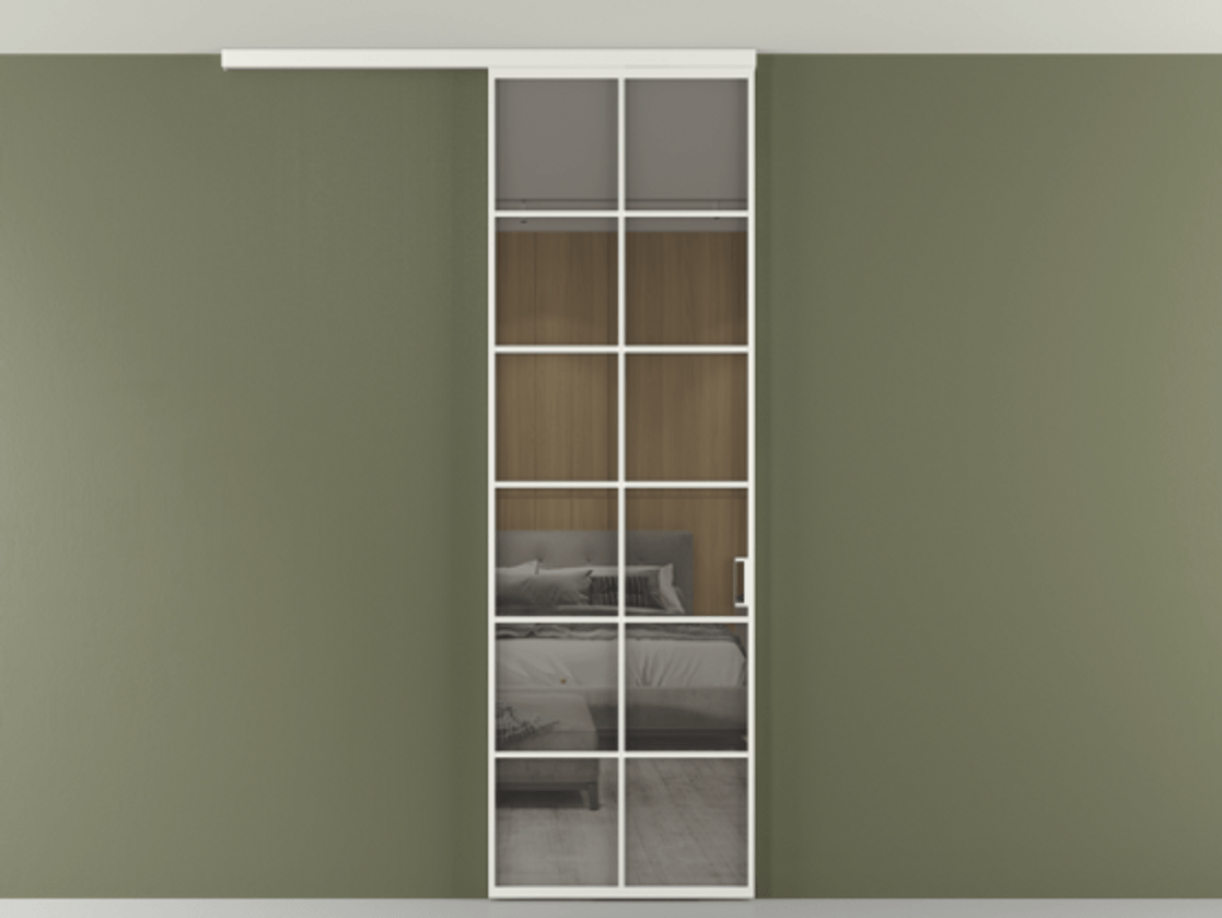 Перегородка Формато вдоль стены на потолок 1 створка АЛПР 040.05 Алюминий светло-серый Рефлективное серое стекло "Стопсол", калёное Цена 134090 ₽ | Volhovec