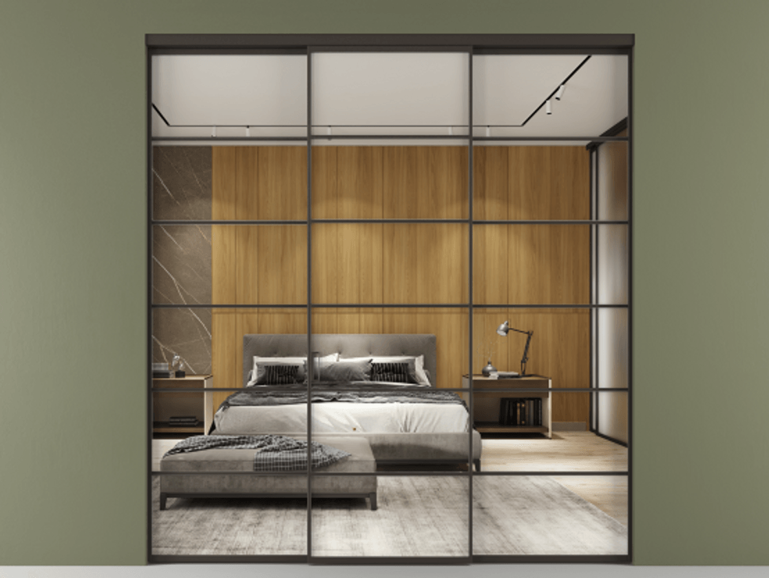 Перегородка Формато внутри проёма 3 створки АЛПР 040.04 Алюминий антрацит Двустороннее зеркало, триплекс , триплекс 6 мм Цена 254825 ₽ | Volhovec