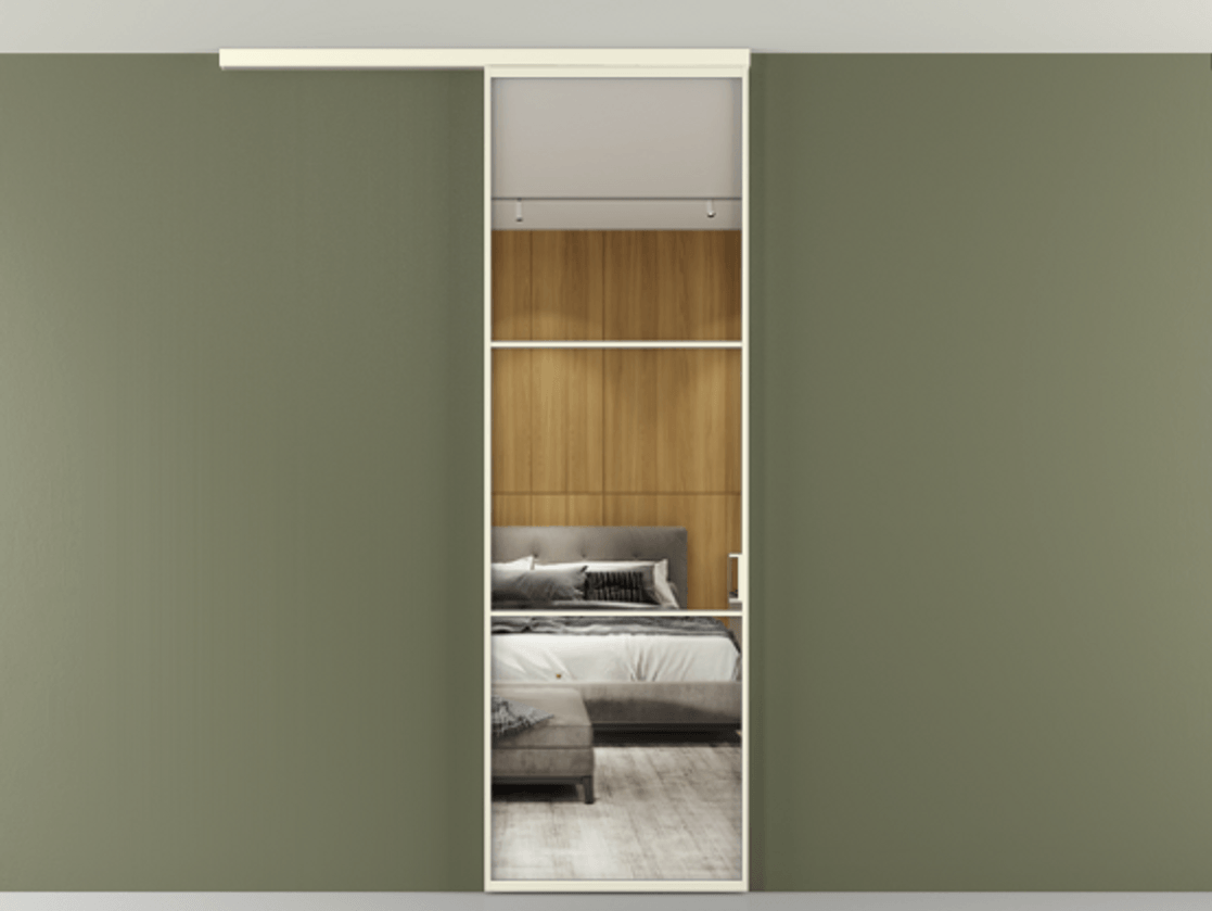 Перегородка Формато вдоль стены на потолок 1 створка АЛПР 040.03 Алюминий молочно-белый Двустороннее зеркало, триплекс , триплекс 6 мм Цена 100988 ₽ | Volhovec