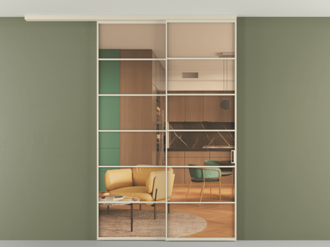 Перегородка Formato вдоль стены на потолок 2 створки с синхронным механизмом АЛПР 040.04 Алюминий бежево-серый Прозрачное оранжевое стекло, триплекс Цена 291704 ₽ | Volhovec