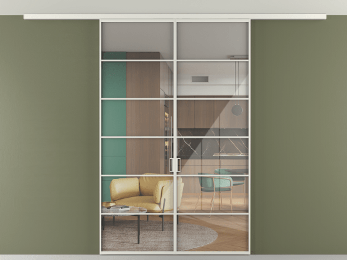 Перегородка Формато вдоль стены на потолок 2 створки АЛПР 040.04 Алюминий серый Рефлективное прозрачное стекло "Стопсол", калёное Цена 221404 ₽ | Volhovec