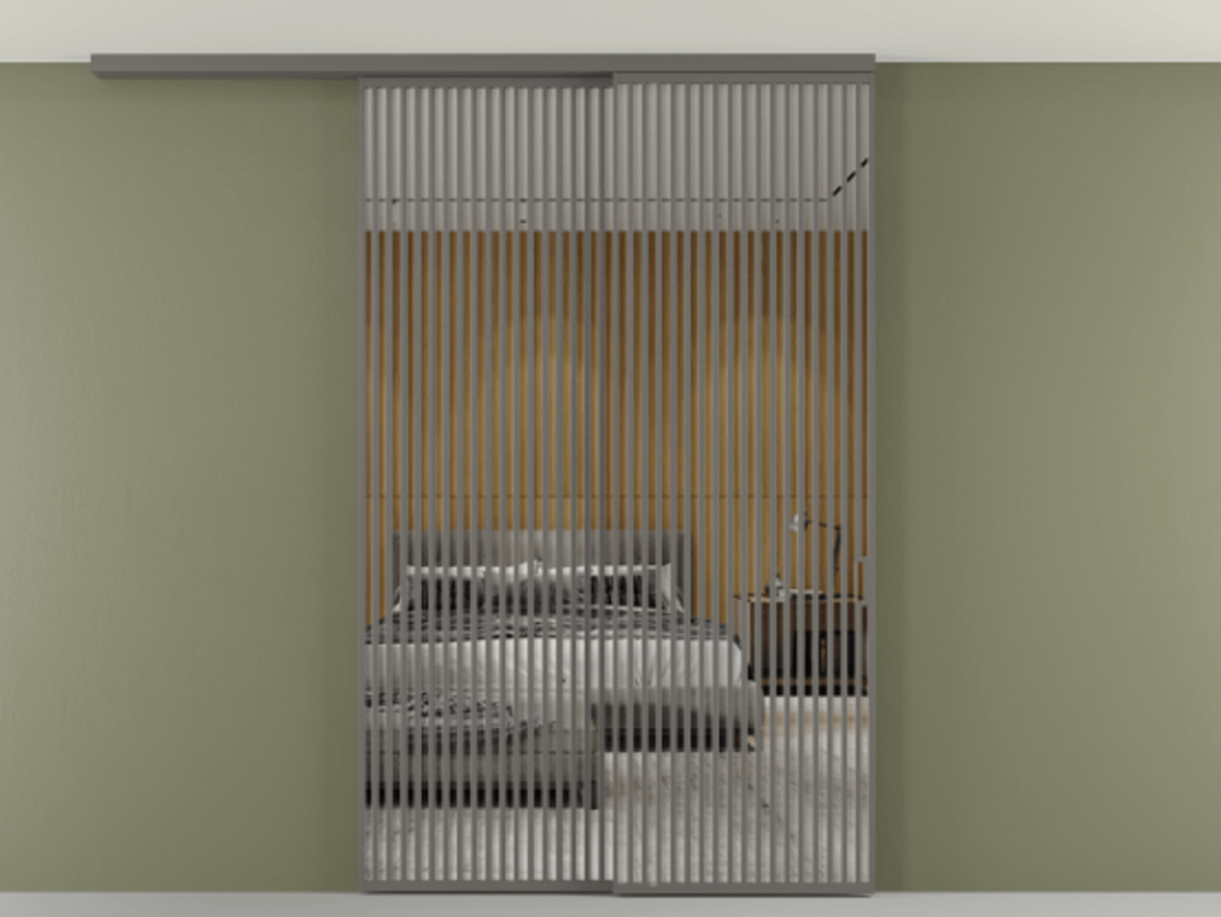 Перегородка Формато вдоль стены на потолок 2 створки с синхронным механизмом АЛПР 040.06 Алюминий классический серый Двустороннее зеркало, триплекс , триплекс 6 мм Цена 450456 ₽ | Volhovec