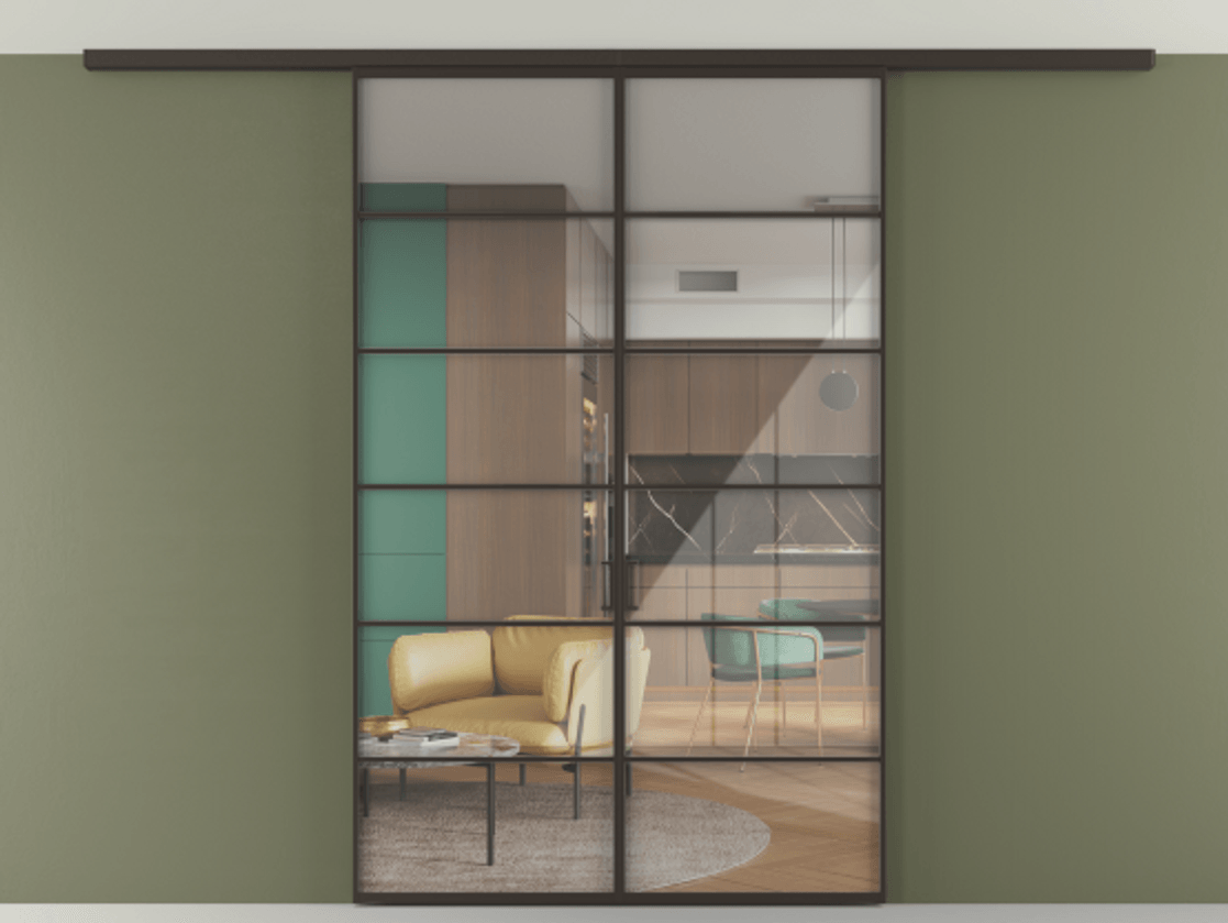 Перегородка Формато вдоль стены на потолок 2 створки АЛПР 040.04 Алюминий антрацит Рефлективное прозрачное стекло "Стопсол", калёное Цена 11541 AZE | Volhovec