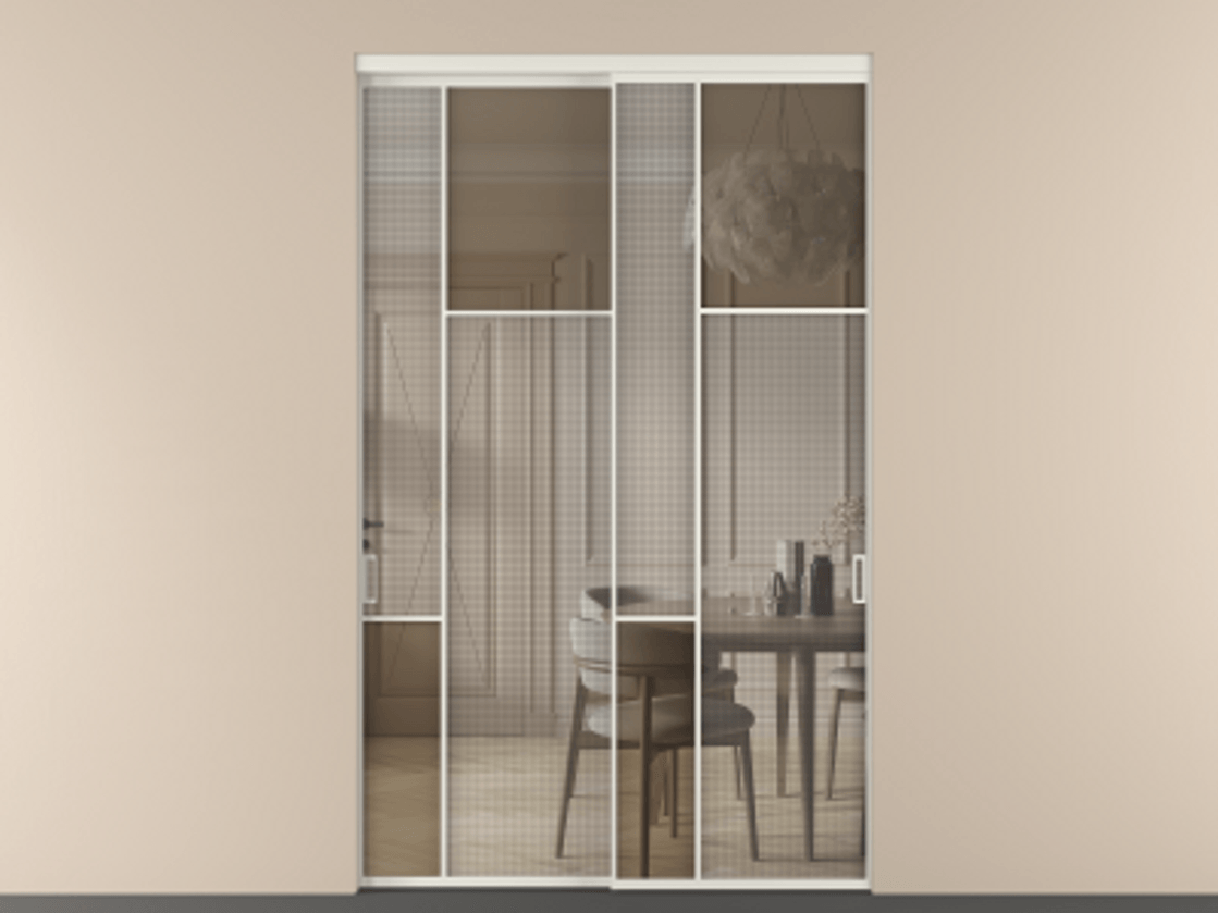 Перегородка Mosaic внутри проема двустворчатая АЛПР 041.11 Алюминий Белый Mesh silver + Бронза прозрачное триплекс Цена 227360 ₽ | Volhovec