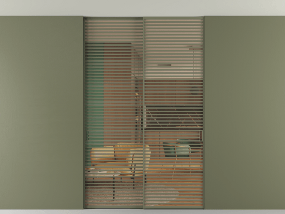 Перегородка Формато внутри проёма скрытое крепление в потолок 2 створки АЛПР 040.07 Алюминий оливковый тёмный Прозрачное оранжевое стекло, триплекс Цена 409915 ₽ | Volhovec