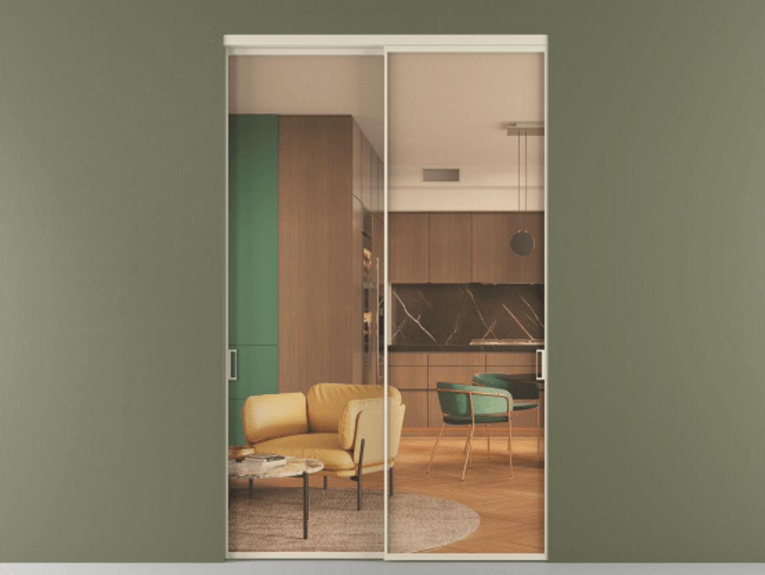 Перегородка Формато внутри проёма 2 створки АЛПР 040.01 Алюминий бежево-серый Прозрачное оранжевое стекло, триплекс Цена 416650 ₽  | Volhovec