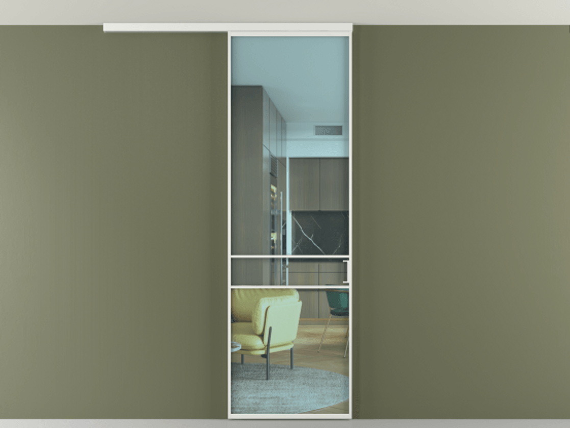 Перегородка Формато вдоль стены на потолок 1 створка АЛПР 040.02 Алюминий белоснежный Прозрачное голубое стекло, триплекс Цена 96858 ₽ | Volhovec