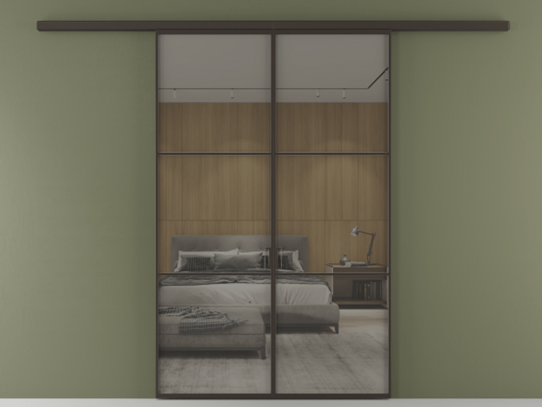 Перегородка Формато вдоль стены 2 створки АЛПР 040.03 Алюминий антрацит Рефлективное серое стекло "Стопсол", калёное Цена 249000 ₽ | Volhovec