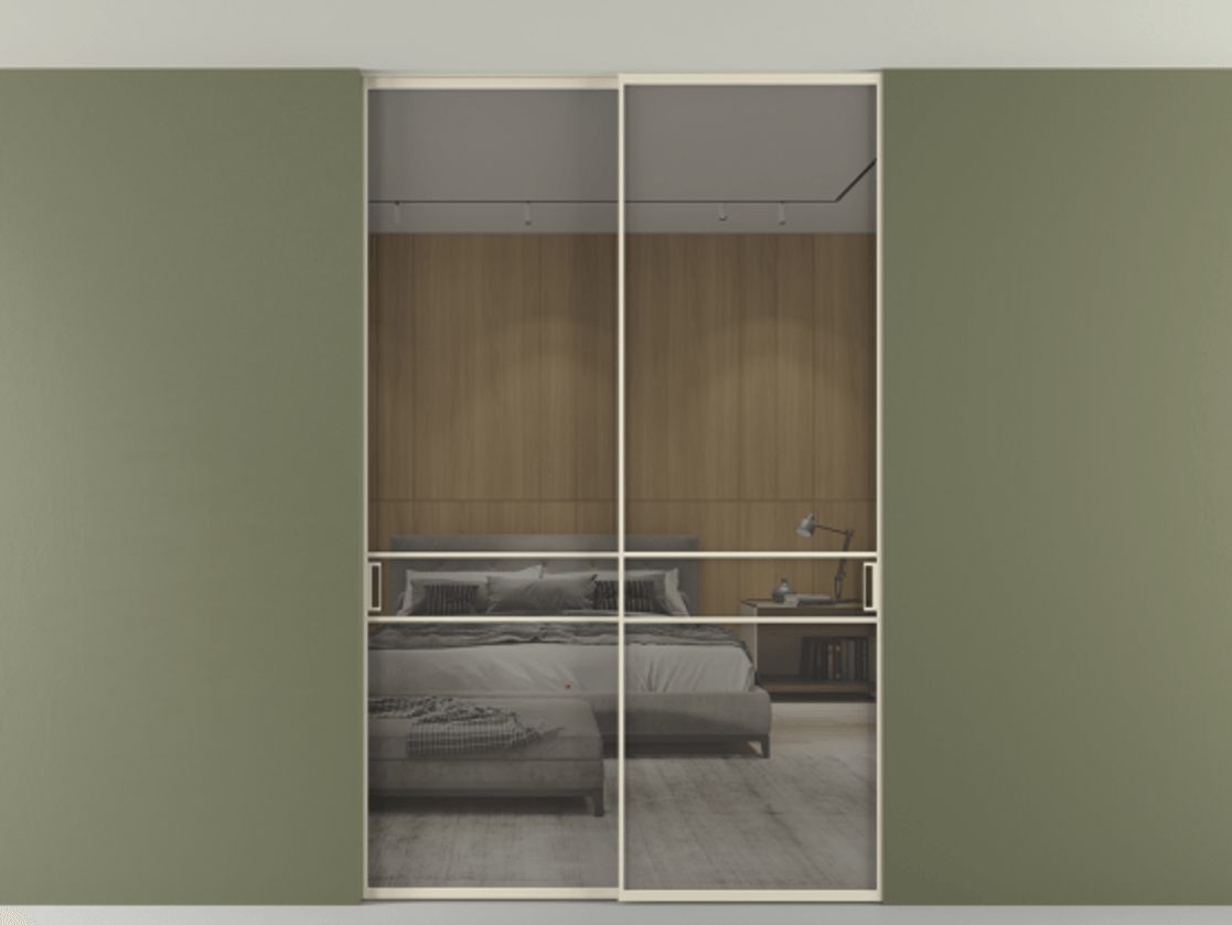 Перегородка Formato внутри проёма скрытое крепление в потолок 2 створки АЛПР 040.02 Алюминий бежево-серый Рефлективное серое стекло "Стопсол", калёное Цена 305520 ₽ | Volhovec