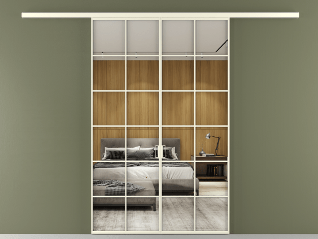 Перегородка Formato вдоль стены 2 створки АЛПР 040.05 Алюминий молочно-белый Двустороннее зеркало, триплекс , триплекс 6 мм Цена 248600 ₽ | Volhovec