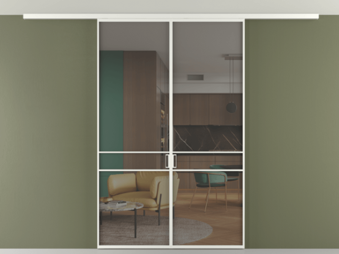 Перегородка Формато вдоль стены на потолок 2 створки АЛПР 040.02 Алюминий светло-серый Прозрачное серое стекло, триплекс Цена 186615 ₽ | Volhovec