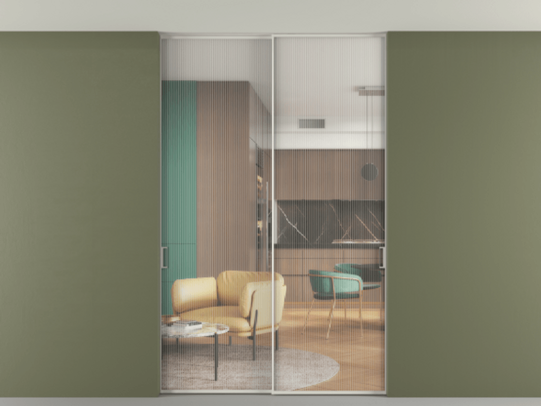 Перегородка Формато внутри проёма скрытое крепление в потолок 2 створки АЛПР 040.01 Алюминий Белый Рифлёное стекло "Мору", триплекс Цена 245695 ₽ | Volhovec