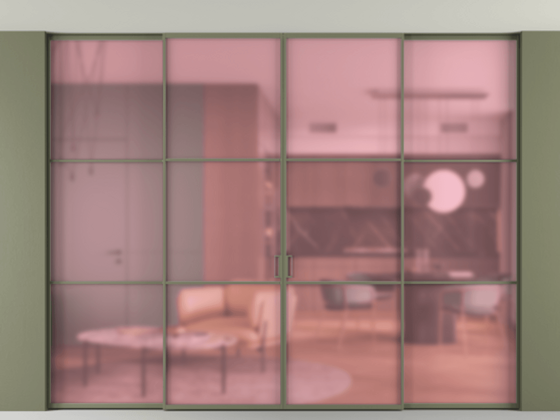 Перегородка Formato внутри проёма четырёхстворчатая со скрытым креплением в потолок АЛПР 040.03 Алюминий оливковый тёмный Сатинированное розовое стекло, триплекс Цена 479910 ₽ | Volhovec