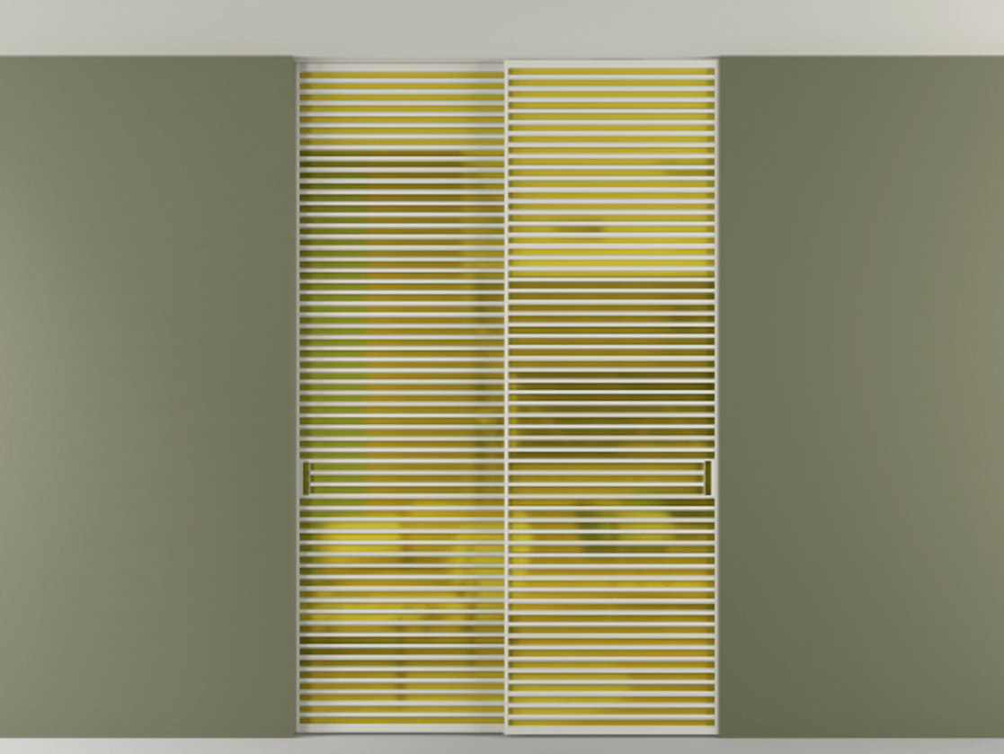 Перегородка Формато внутри проёма скрытое крепление в потолок 2 створки АЛПР 040.07 Алюминий тёплый серый Сатинированное жёлтое стекло, триплекс Цена 409915 ₽ | Volhovec