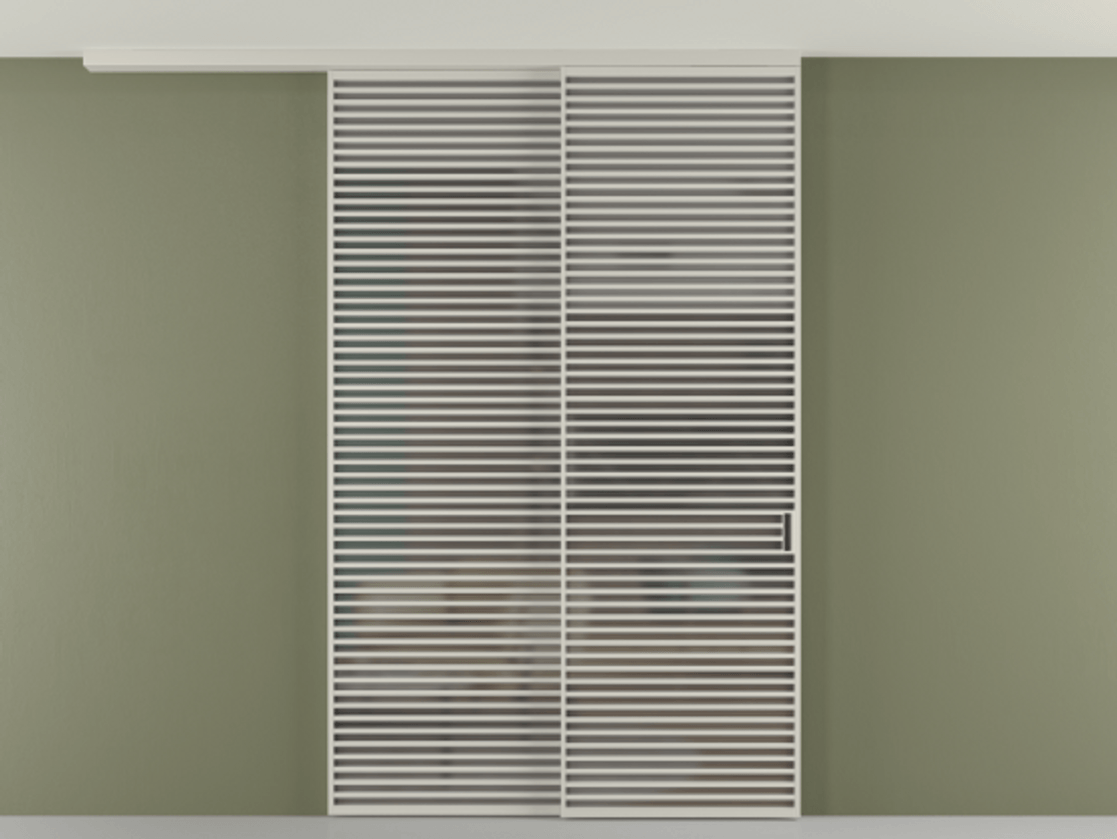 Перегородка Формато вдоль стены на потолок 2 створки с синхронным механизмом АЛПР 040.07 Алюминий тёплый серый Сатинированное серое стекло, триплекс Цена 450456 ₽ | Volhovec