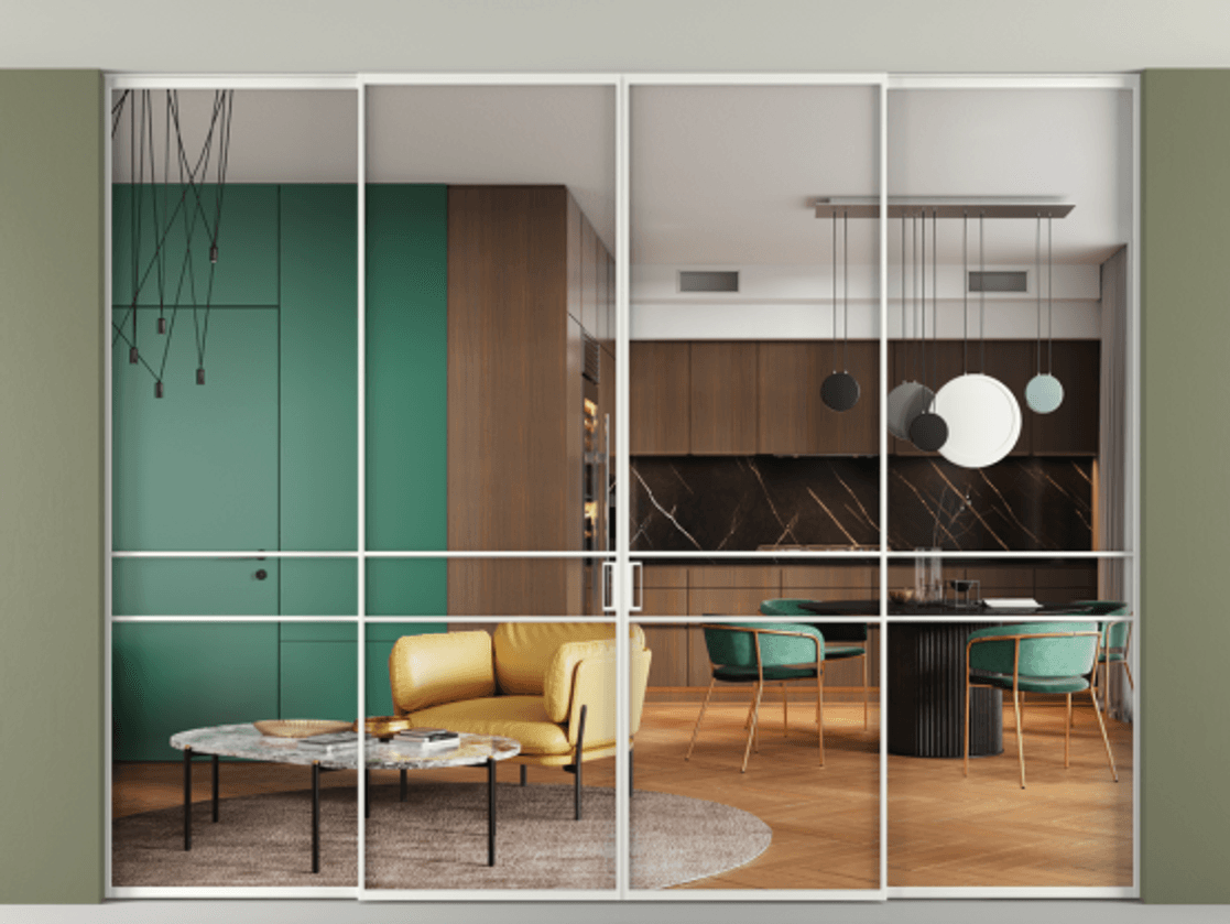 Перегородка Formato внутри проёма скрытое крепление в потолок 4 створки АЛПР 040.02 Алюминий светло-серый Прозрачное стекло "Crystal Vision", калёное Цена 112693420 so'm | Volhovec