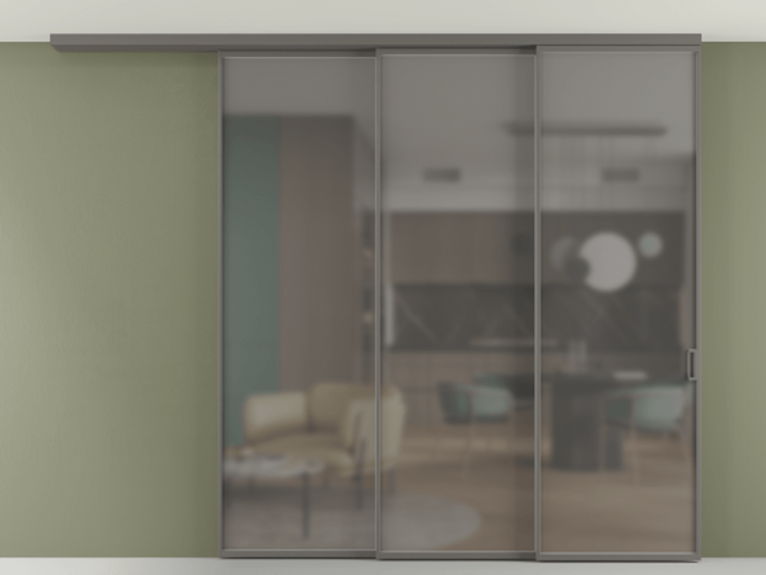 Перегородка Формато вдоль стены на потолок 3 створки с синхронным механизмом АЛПР 040.01 Алюминий классический серый Сатинированное серое стекло, триплекс Цена 382108 ₽ | Volhovec