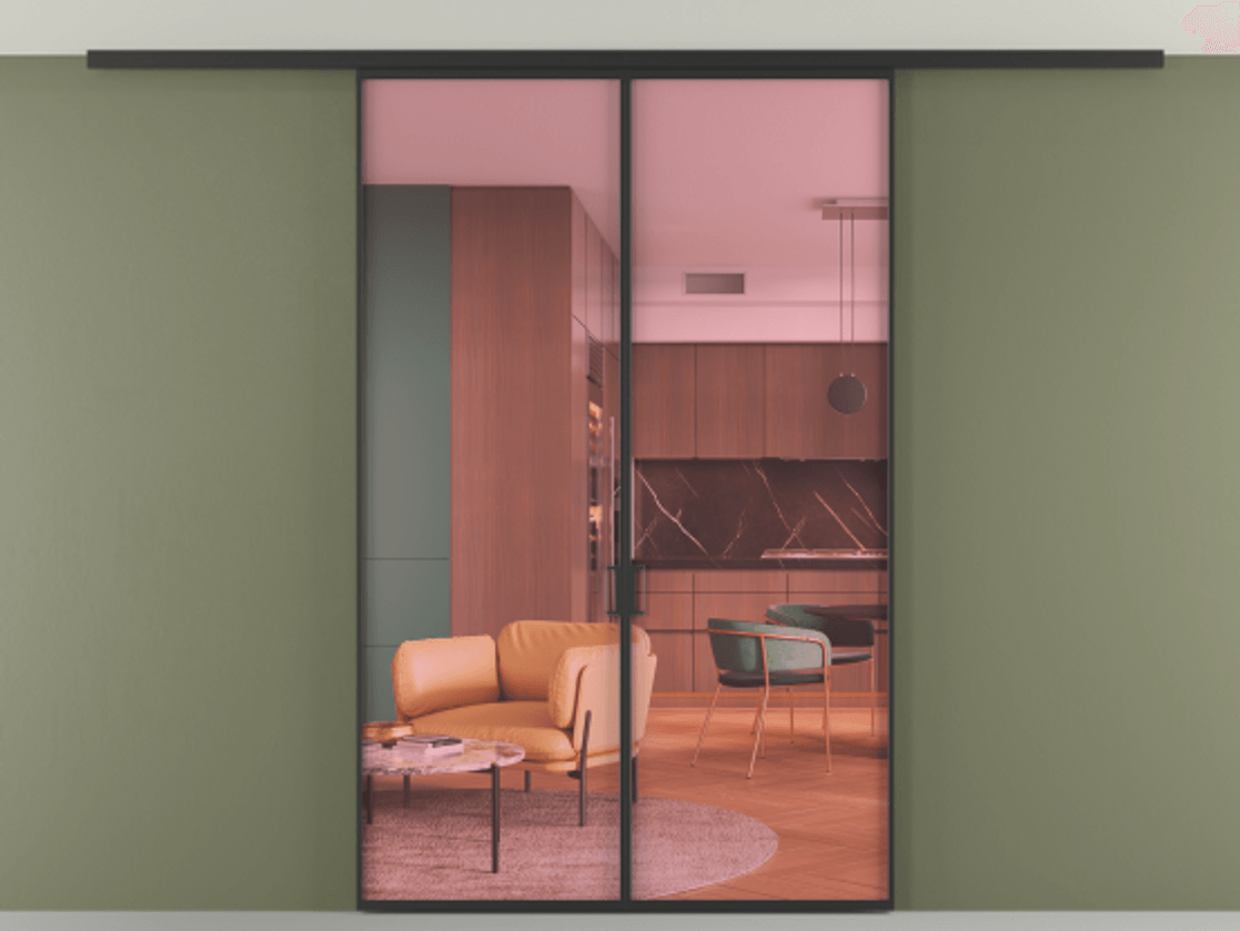 Перегородка Формато вдоль стены на потолок 2 створки АЛПР 040.01 Алюминий Черный Прозрачное розовое стекло, триплекс Цена 170995 ₽ | Volhovec