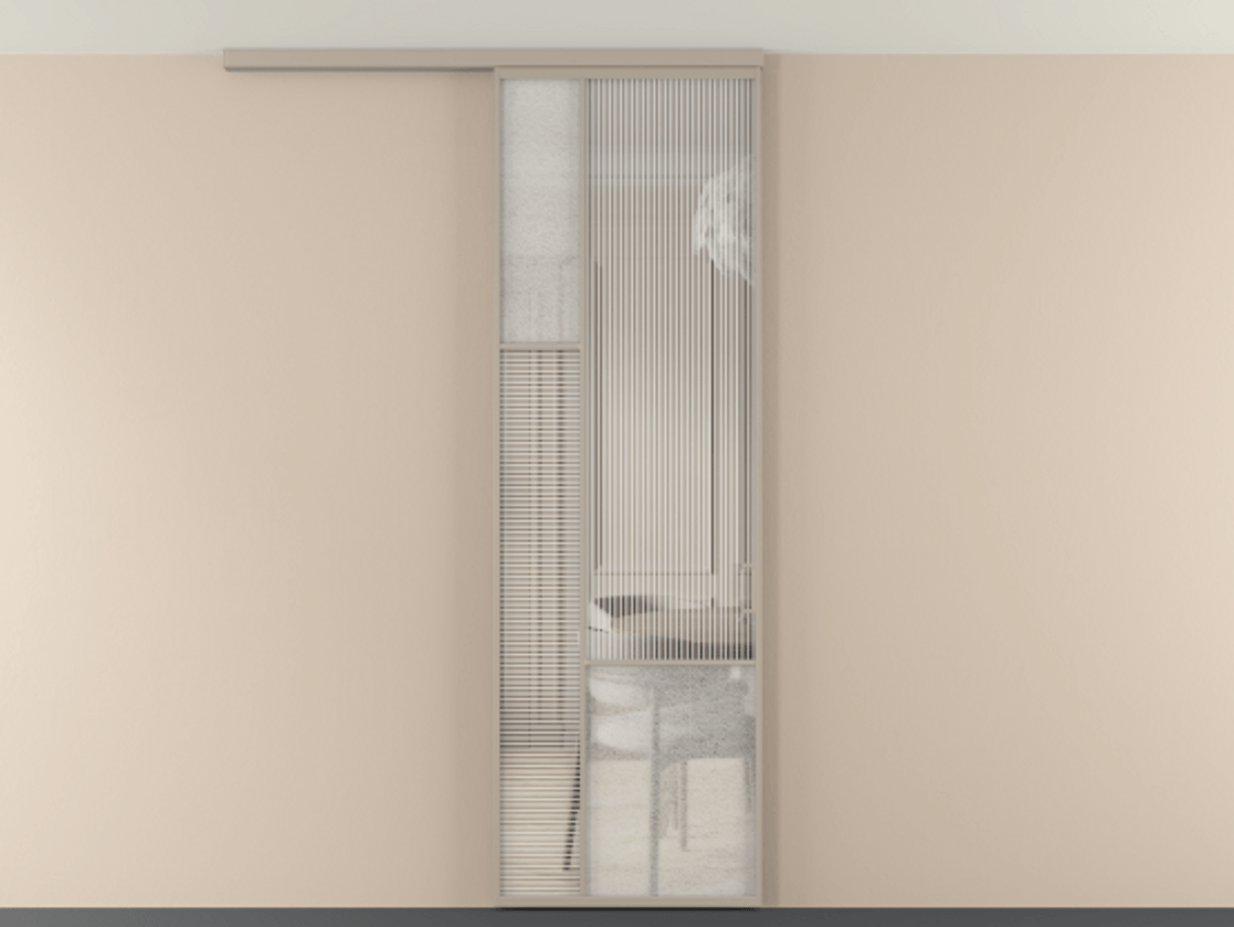 Перегородка Мозаик вдоль стены на потолок 1 створка АЛПР 041.13 Алюминий бисквитный Рифлёное стекло "Дюна", триплекс, 6 мм + Фактурное стекло "Лёд", триплекс Цена 143040 ₽ | Volhovec