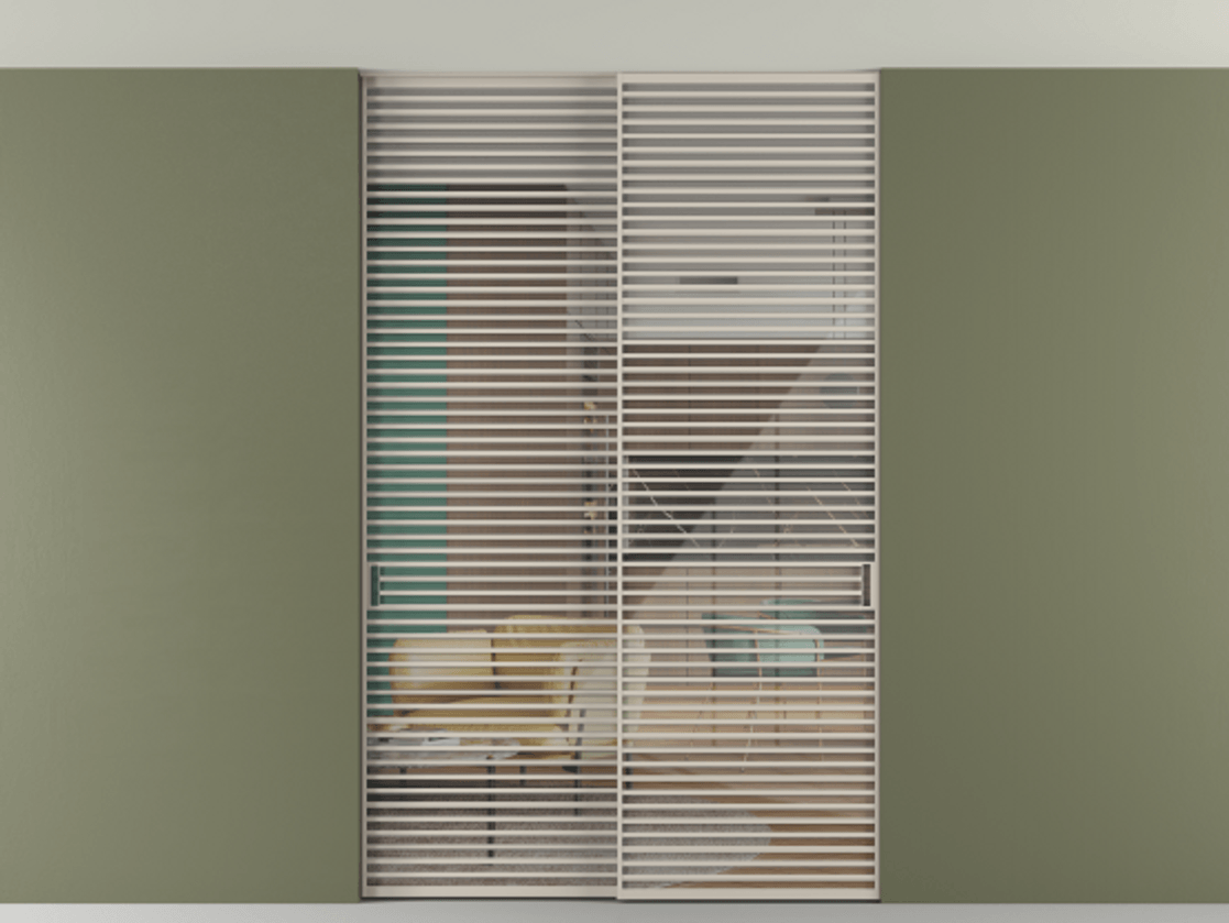 Перегородка Формато внутри проёма скрытое крепление в потолок 2 створки АЛПР 040.07 Алюминий светло-бежевый Рефлективное прозрачное стекло "Стопсол", калёное Цена 521120 ₽ | Volhovec