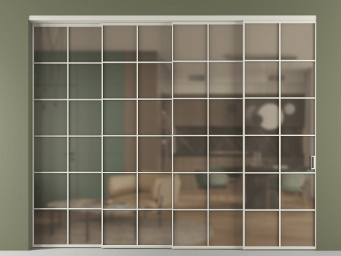 Перегородка Формато внутри проёма 4 створки с синхронным механизмом АЛПР 040.05 Алюминий тёплый серый Сатинированное бронзовое стекло, триплекс Цена 488680 ₽ | Volhovec