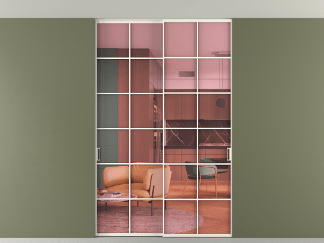 Перегородка Formato внутри проёма скрытое крепление в потолок 2 створки АЛПР 040.05 Алюминий пудровый белый Прозрачное розовое стекло, триплекс Цена 306680 ₽ | Volhovec