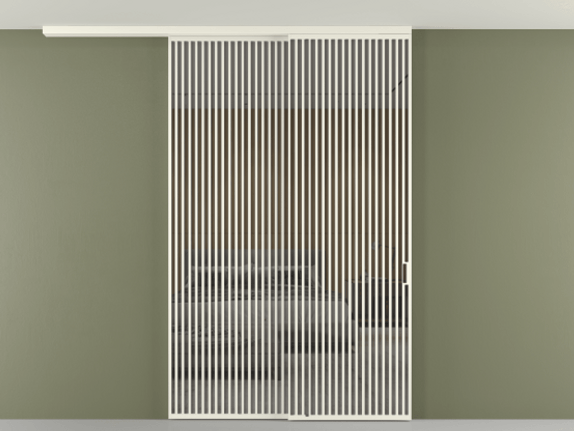 Перегородка Формато вдоль стены на потолок 2 створки с синхронным механизмом АЛПР 040.06 Алюминий жемчужный Рефлективное серое стекло "Стопсол", калёное Цена 463256 ₽ | Volhovec