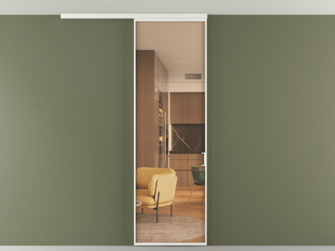 Перегородка Формато вдоль стены на потолок 1 створка АЛПР 040.01 Алюминий светло-серый Прозрачное оранжевое стекло, триплекс Цена 92403 ₽ | Volhovec