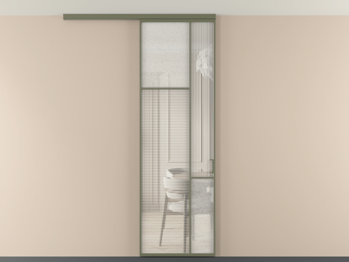 Перегородка Мозаик вдоль стены на потолок 1 створка АЛПР 041.10 Алюминий оливковый тёмный Рифлёное стекло "Дюна", триплекс, 6 мм + Фактурное стекло "Лёд", триплекс Цена 143040 ₽ | Volhovec