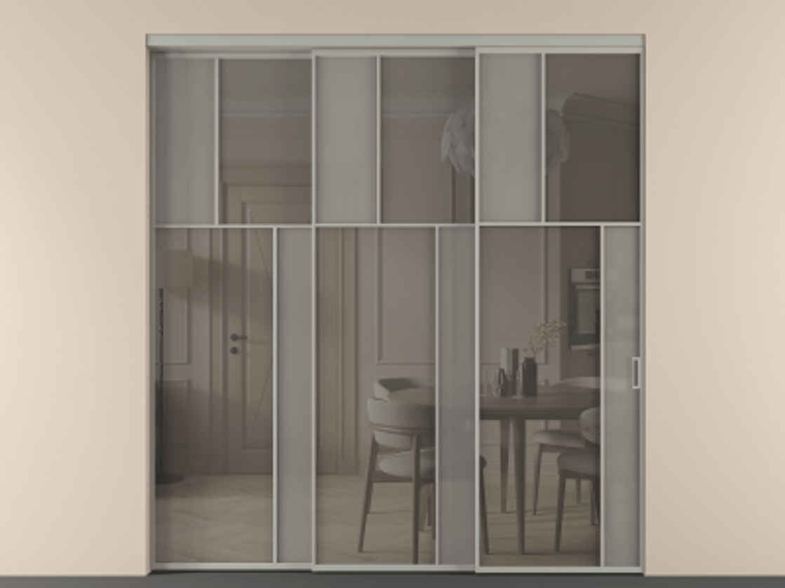 Перегородка Mosaic внутри проёма 3 створки с синхронным механизмом АЛПР 041.23 Алюминий нейтральный серый Сатинированное серое стекло, триплекс, 6 мм + Прозрачное серое стекло, триплекс Цена 437390 ₽ | Volhovec