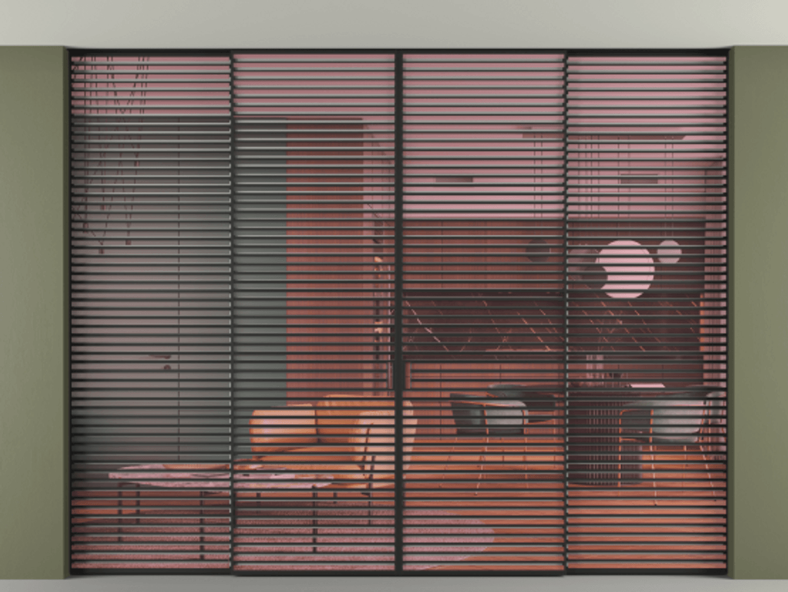 Перегородка Formato внутри проёма скрытое крепление в потолок 4 створки АЛПР 040.07 Алюминий Черный Прозрачное розовое стекло, триплекс Цена 772796 ₽ | Volhovec