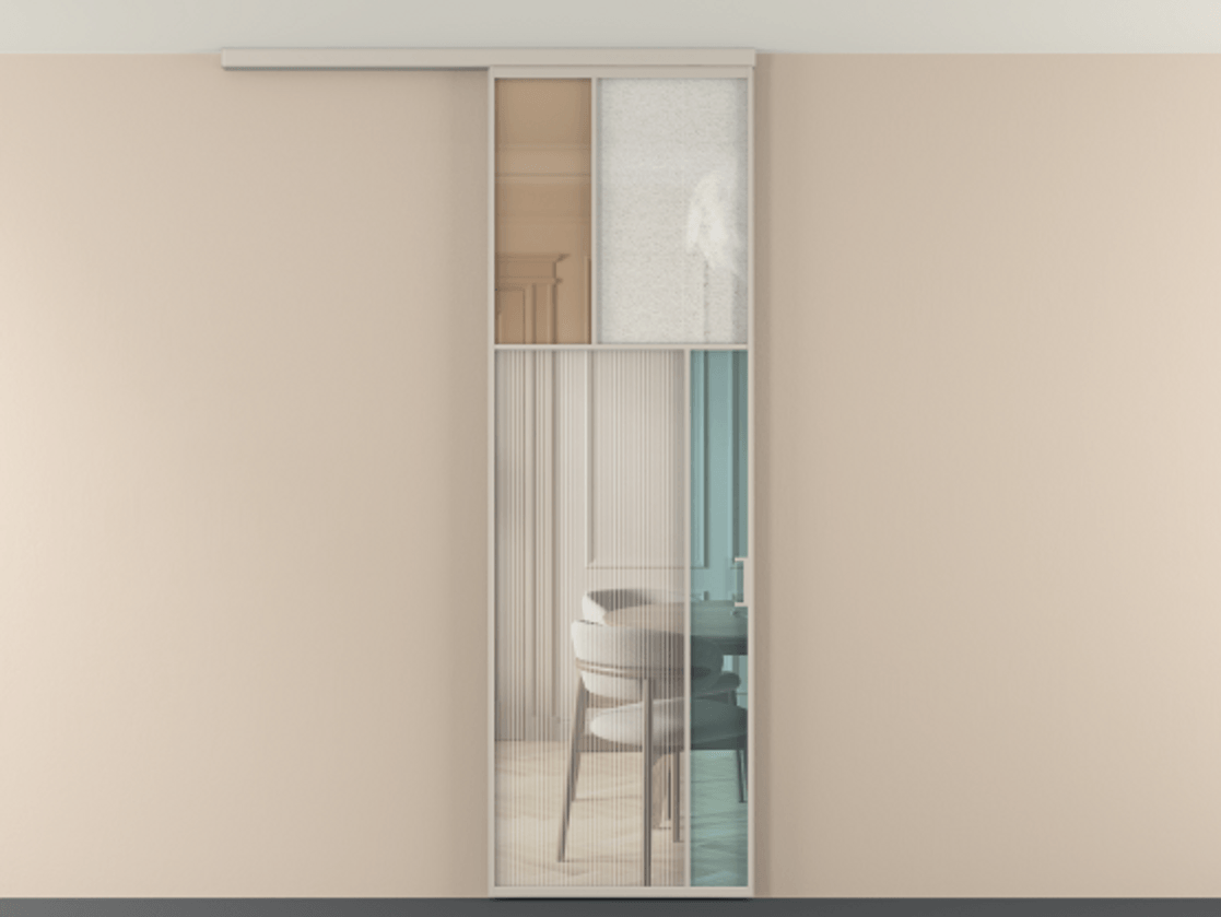 Перегородка Мозаик вдоль стены на потолок 1 створка АЛПР 041.23 Алюминий светло-бежевый Комбинация стекол Группы 1 и Группы 3 Цена 141040 ₽ | Volhovec